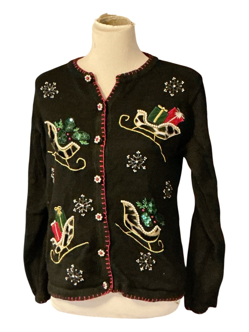 Black Embroidered Holiday Cardigan Sweater